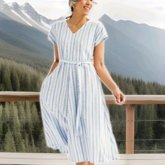 Croft & Barrow Fit & Flare Maxi Dress V-neck Pockets Belted Blue White Striped L - Picture 8 of 8